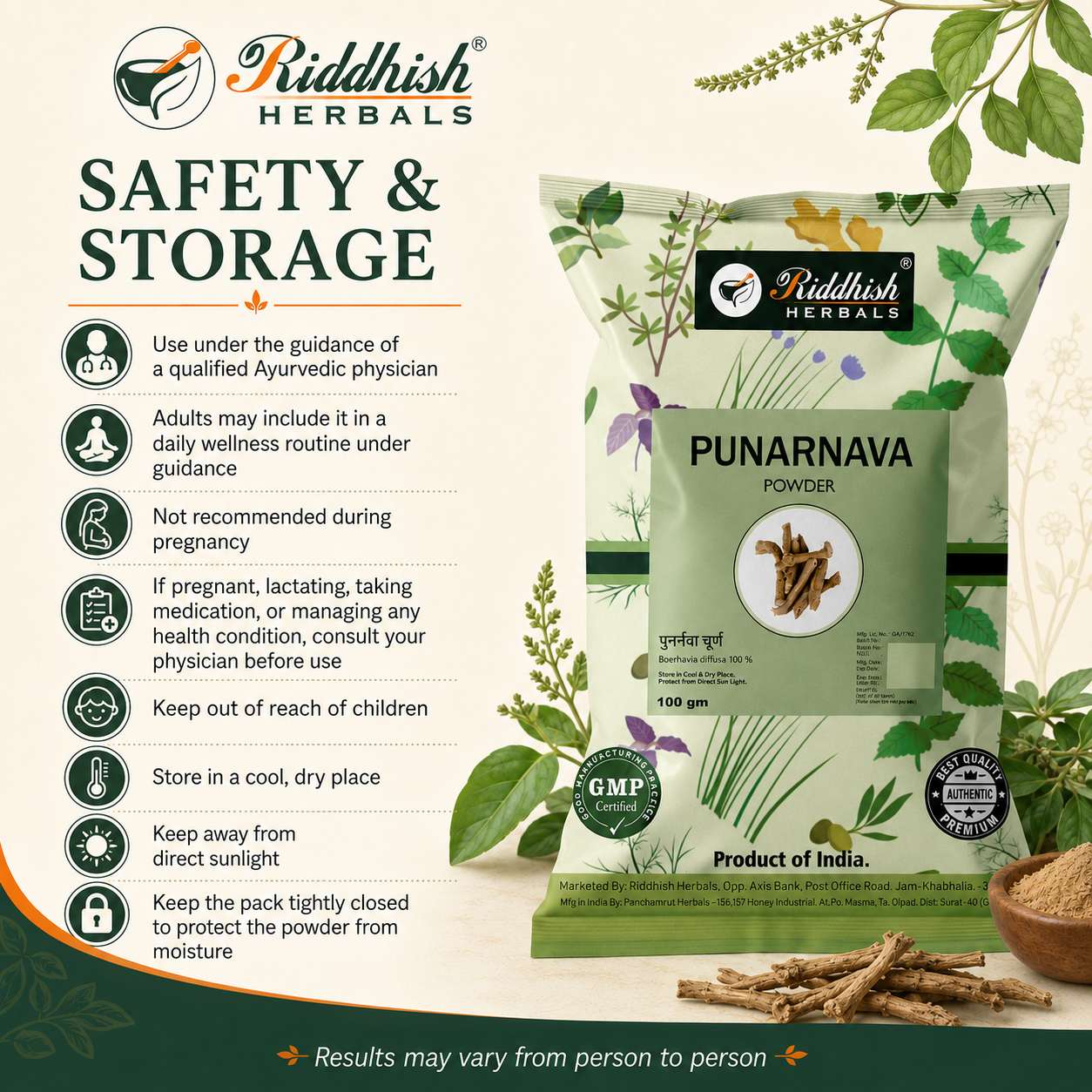 Punarnava Churna safety and storage infographic with Ayurvedic guidance and moisture protection