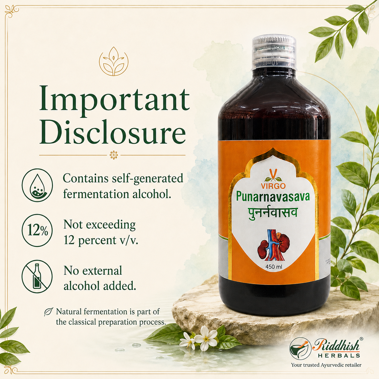Punarnavasava Virgo self generated fermentation alcohol disclosure infographic