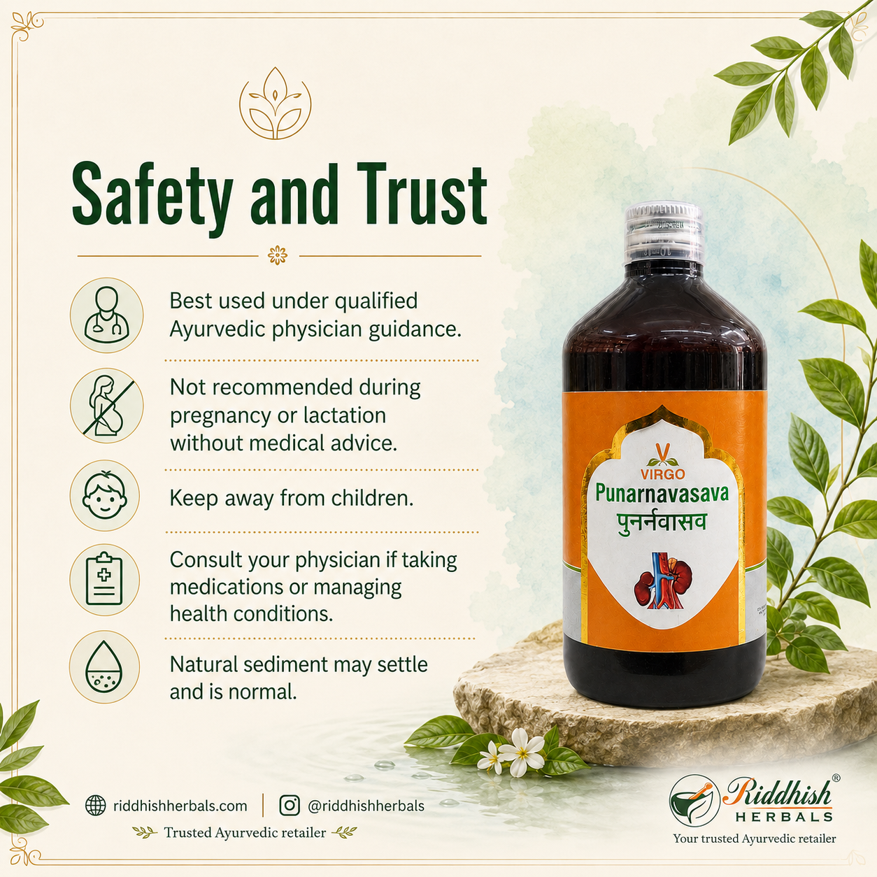 Punarnavasava Virgo safety and trust physician guidance infographic by Riddhish Herbals