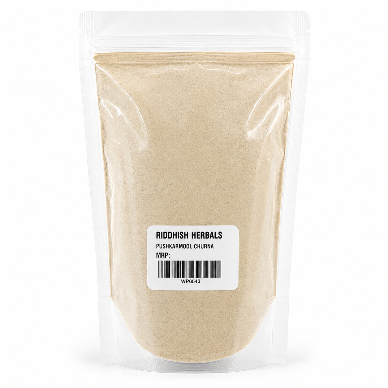 Pushkarmool Churna 100g front pouch mockup - Riddhish Herbals