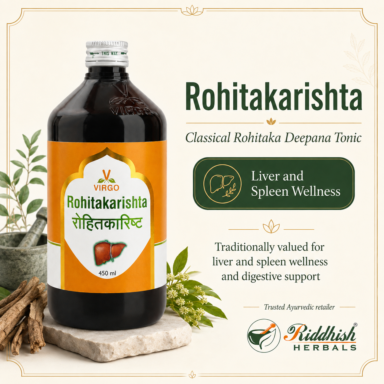 Rohitakarishta Virgo classical Rohitaka Deepana tonic hero infographic by Riddhish Herbals