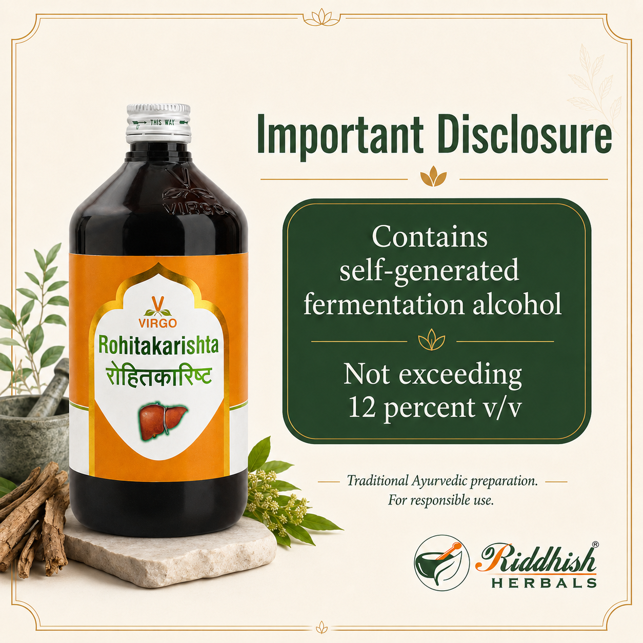 Rohitakarishta Virgo self generated fermentation alcohol disclosure infographic