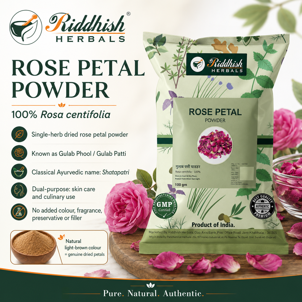 Rose Petal Powder 100g Rosa centifolia hero infographic by Riddhish Herbals