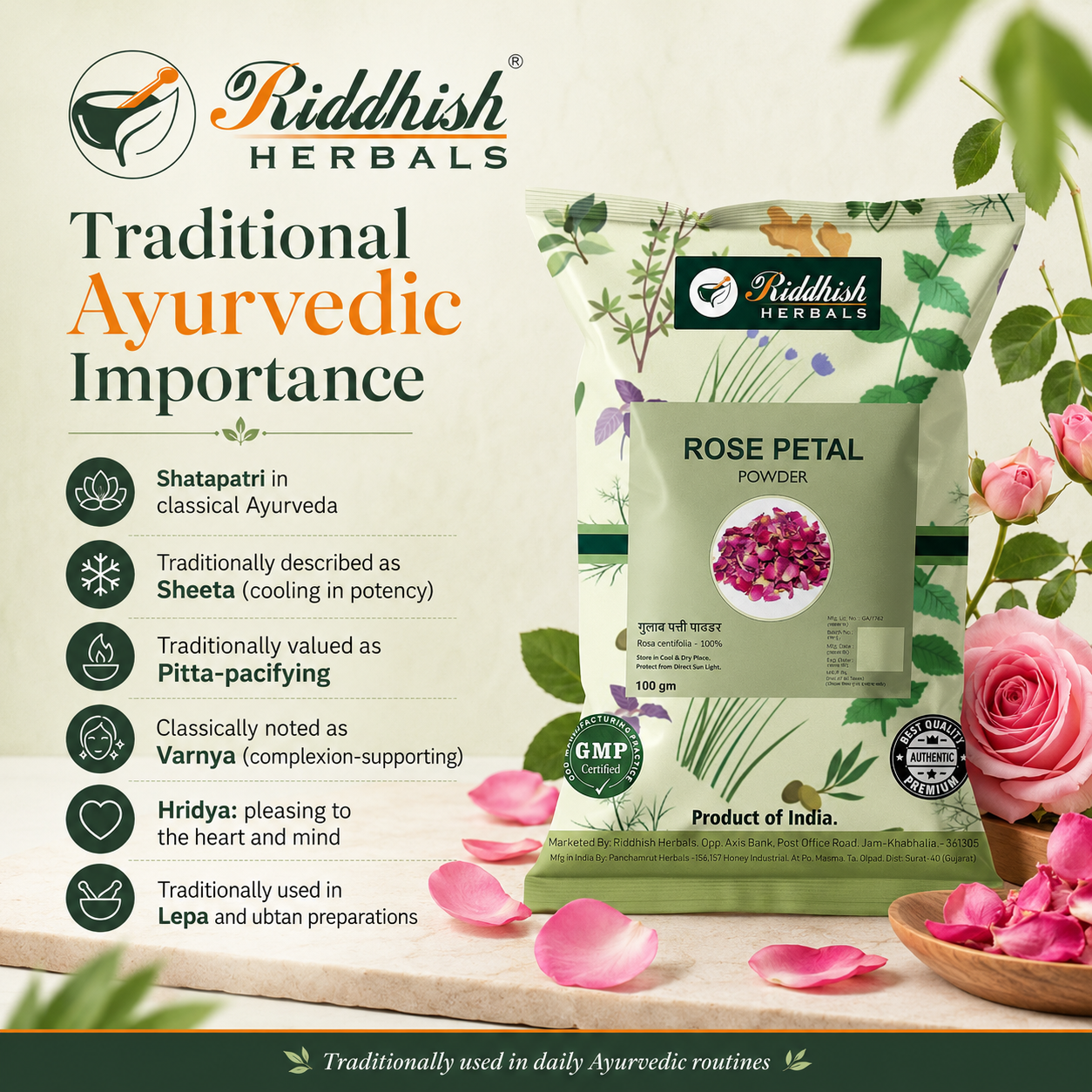 Rose Petal Powder traditional Ayurvedic importance Shatapatri infographic