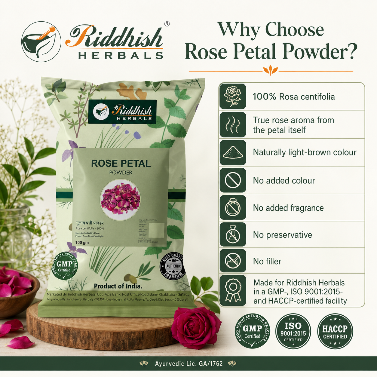 Rose Petal Powder purity and quality infographic with Rosa centifolia and certified facility details