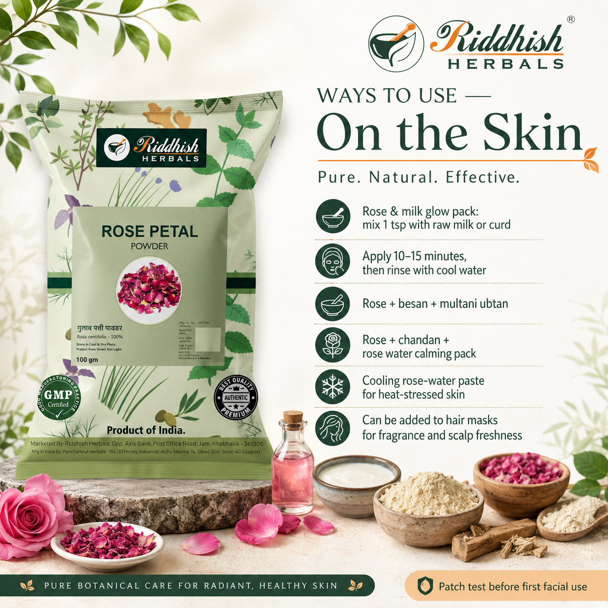 Rose Petal Powder ways to use on skin infographic with rose water milk curd and ubtan guidance