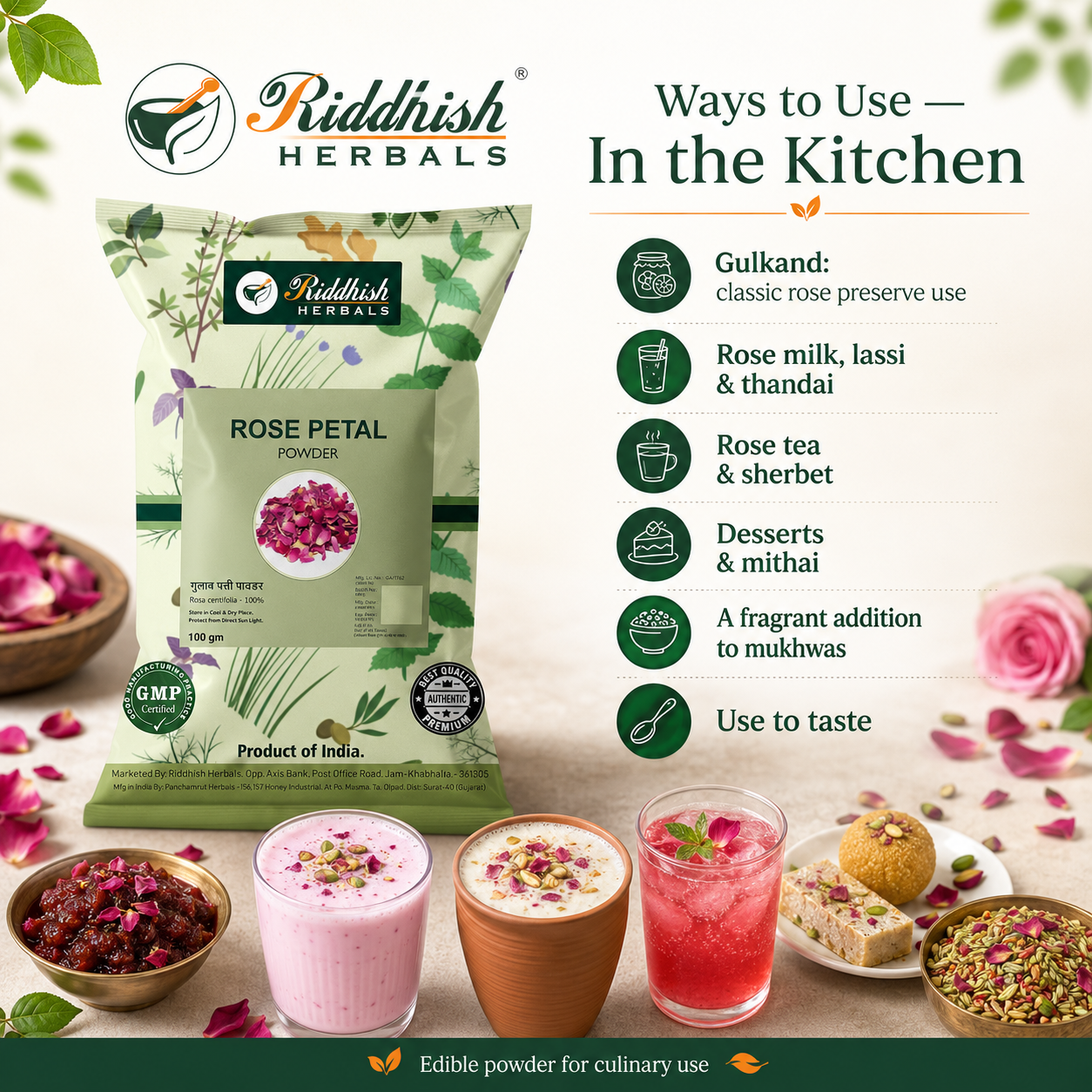 Rose Petal Powder culinary use infographic for gulkand rose milk lassi sherbet desserts and mukhwas