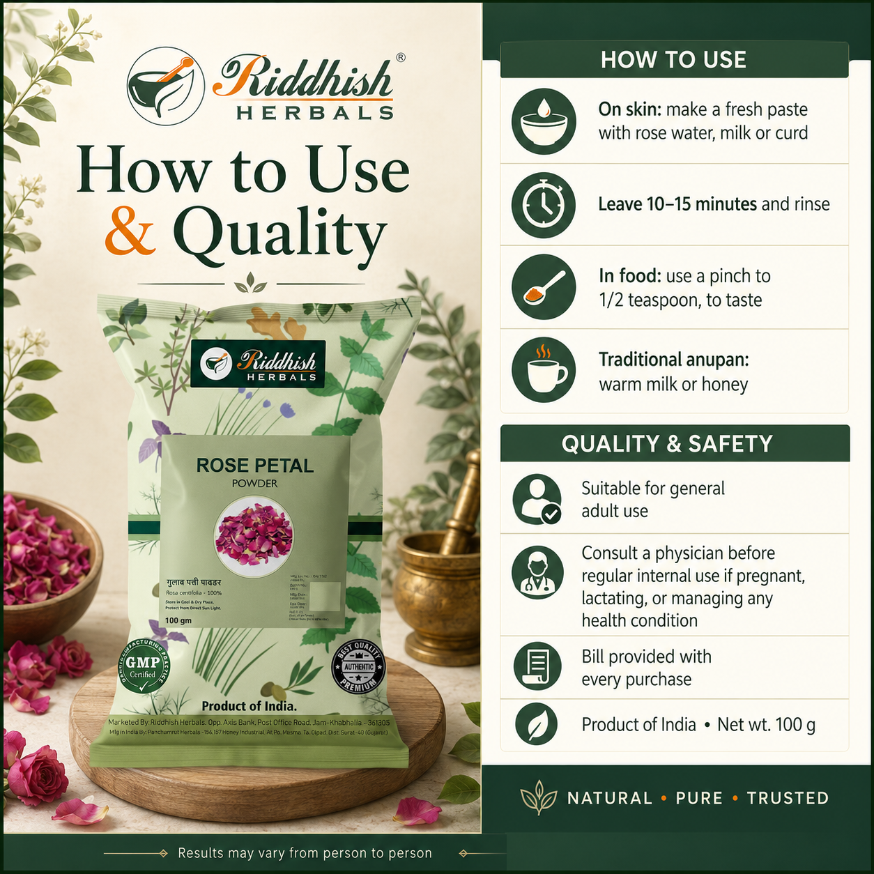 Rose Petal Powder how to use quality and safety infographic by Riddhish Herbals
