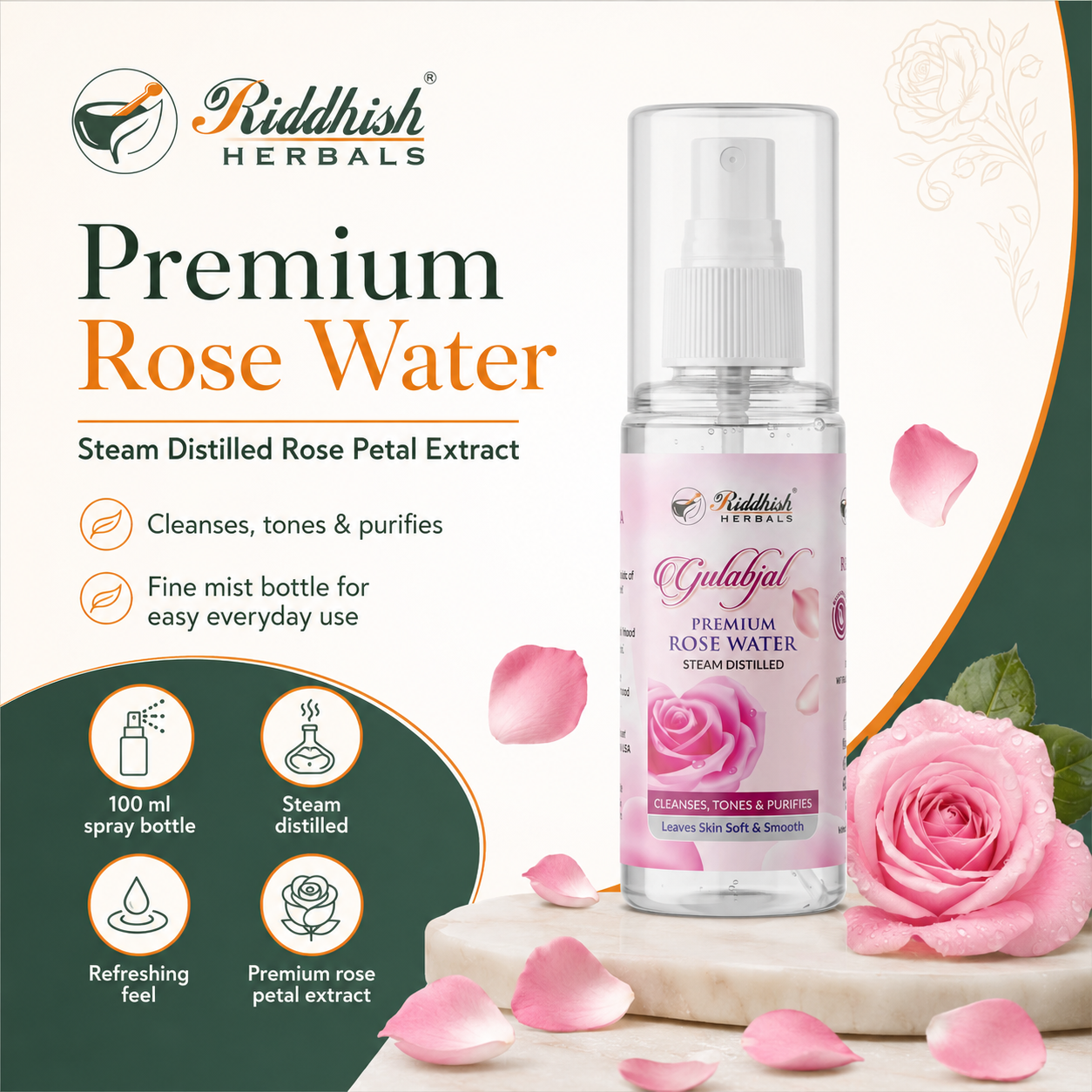 Riddhish Herbals Premium Rose Water 100ml steam distilled rose petal extract infographic