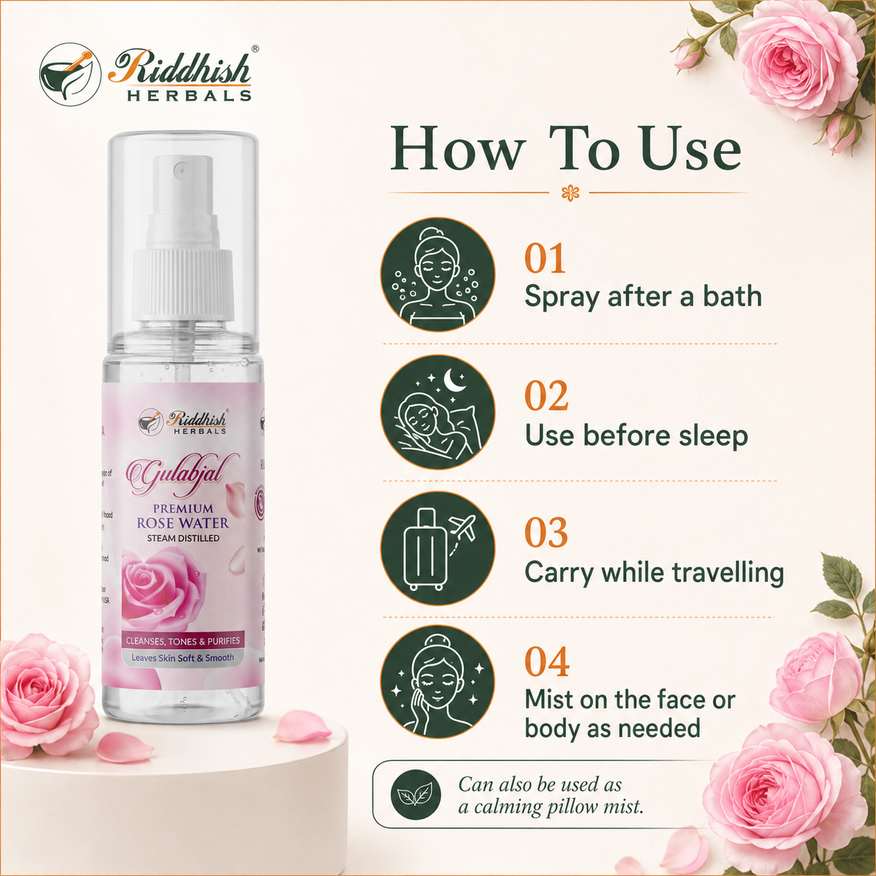 Riddhish Herbals Rose Water how to use after bath before sleep travel and face mist infographic