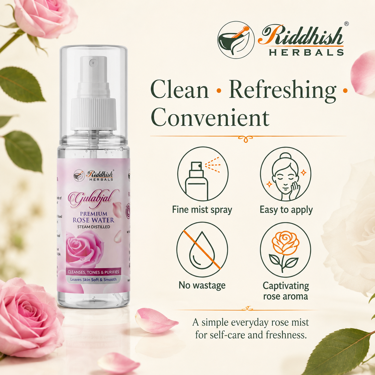 Riddhish Herbals Rose Water fine mist spray easy application no wastage and rose aroma infographic