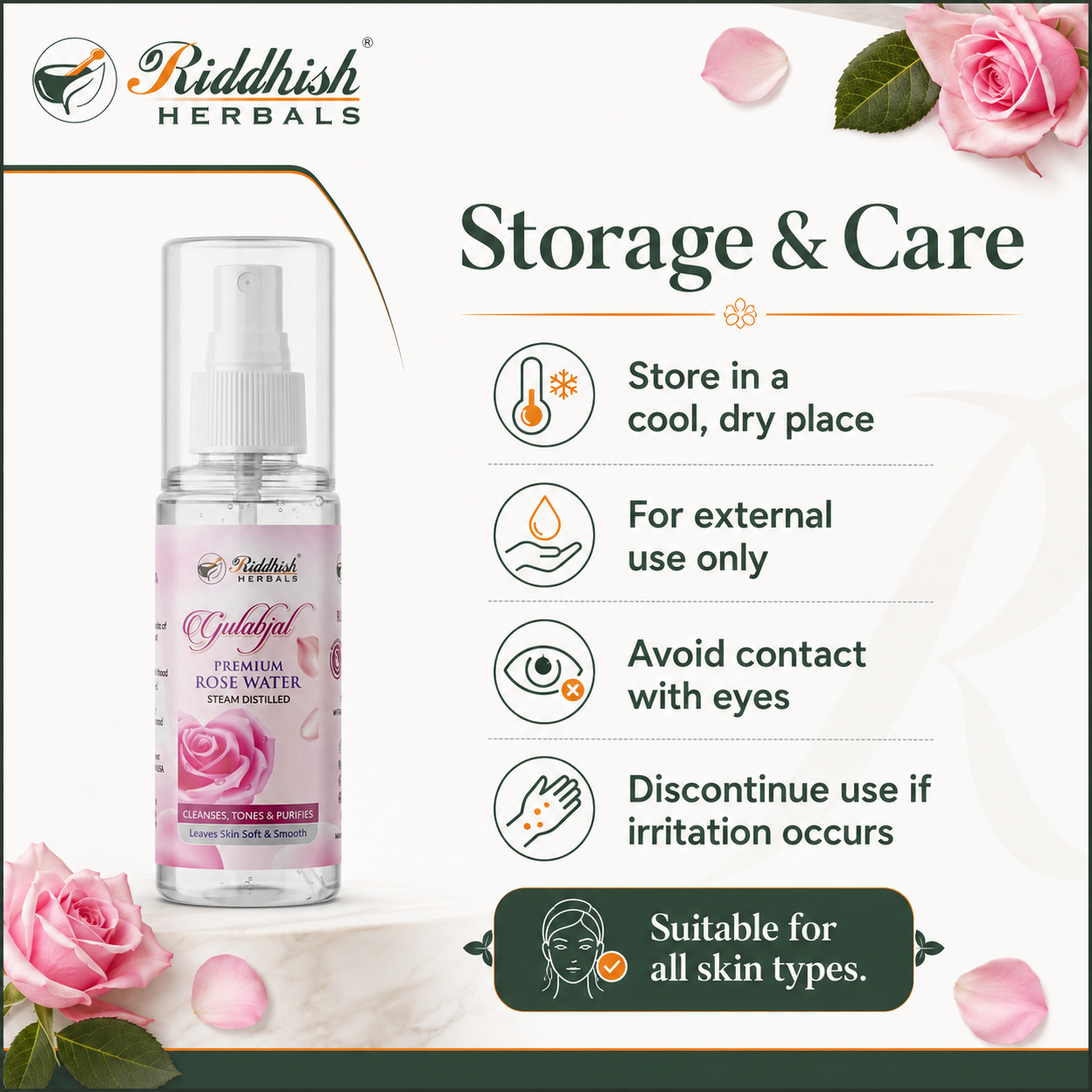 Riddhish Herbals Rose Water storage and care external use eye contact and irritation guidance infographic