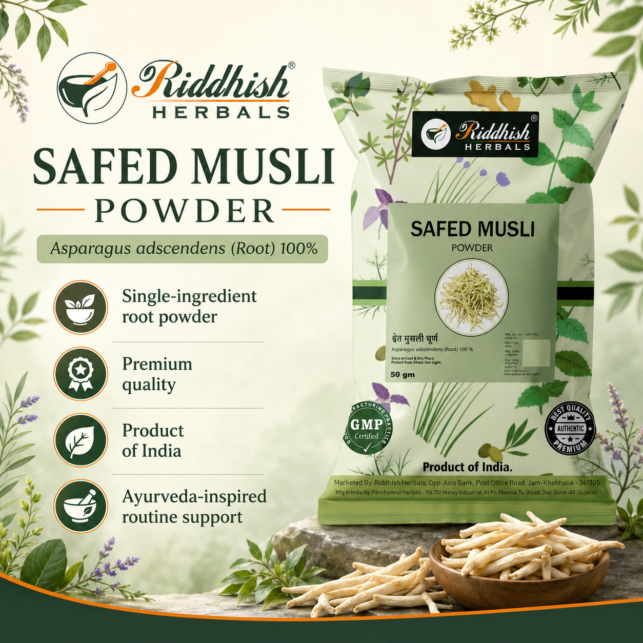 Riddhish Herbals Safed Musli Powder 50g Asparagus adscendens root powder hero infographic
