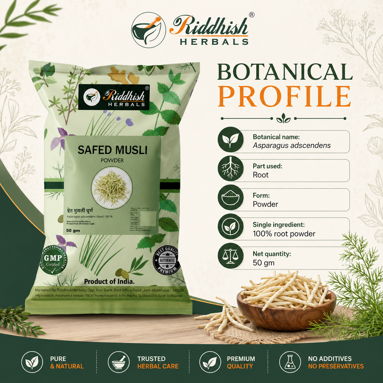 Safed Musli Powder botanical profile Asparagus adscendens root 100 percent infographic