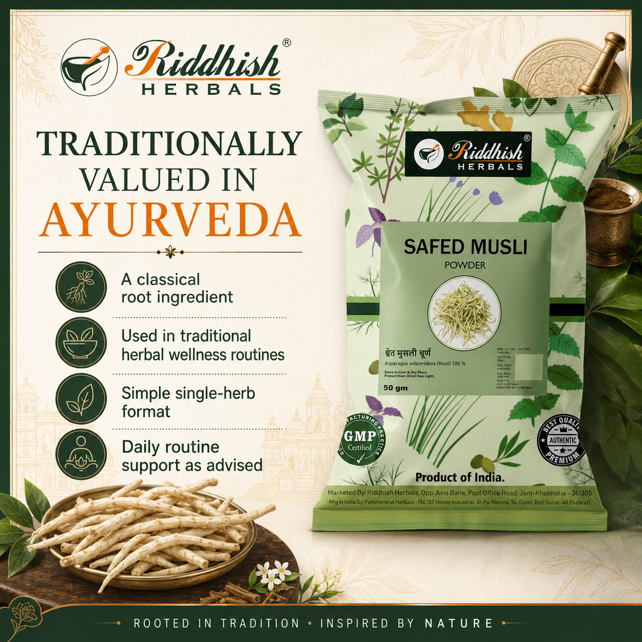 Safed Musli traditionally valued in Ayurveda single-herb root powder infographic