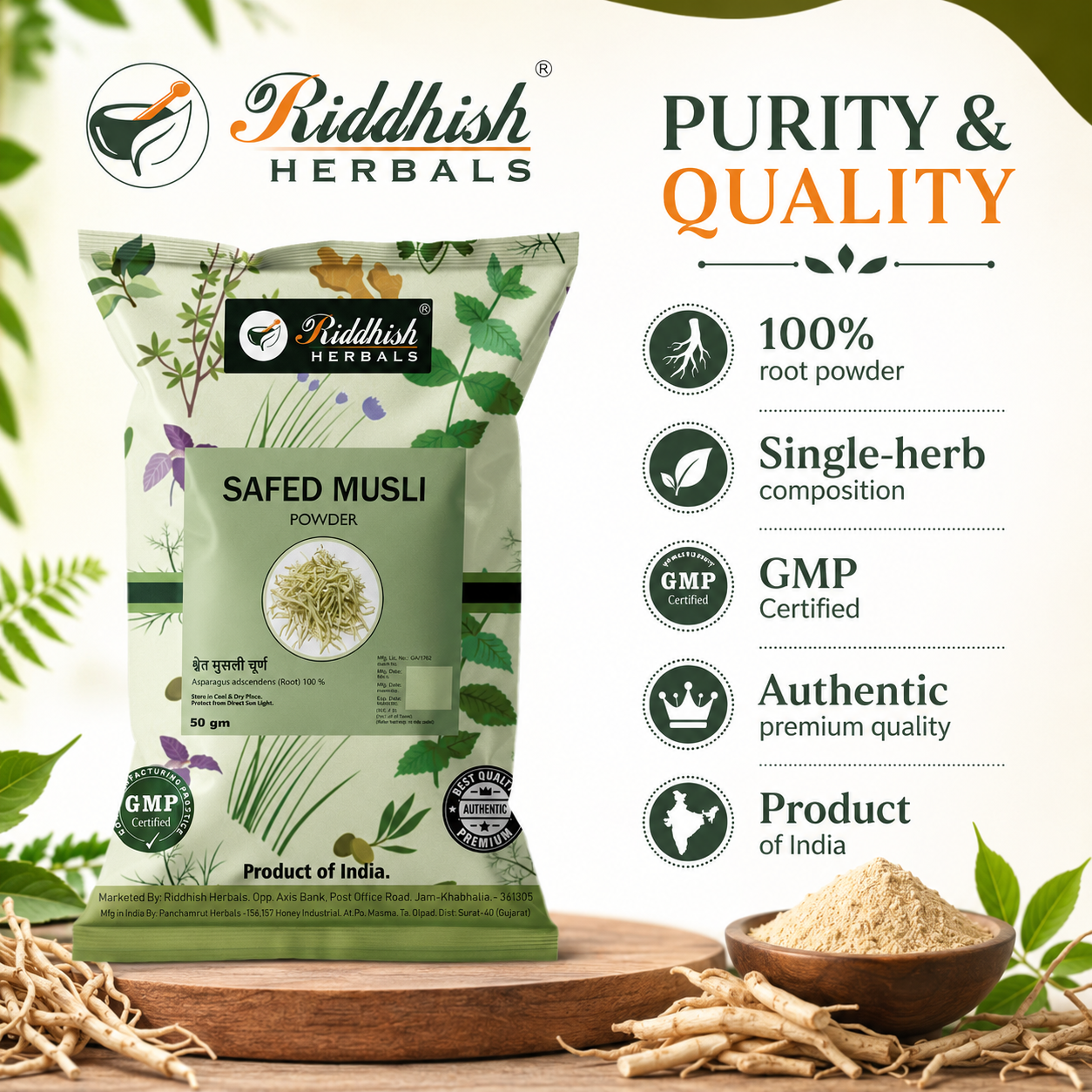 Safed Musli Powder purity and quality 100 percent root powder GMP certified infographic