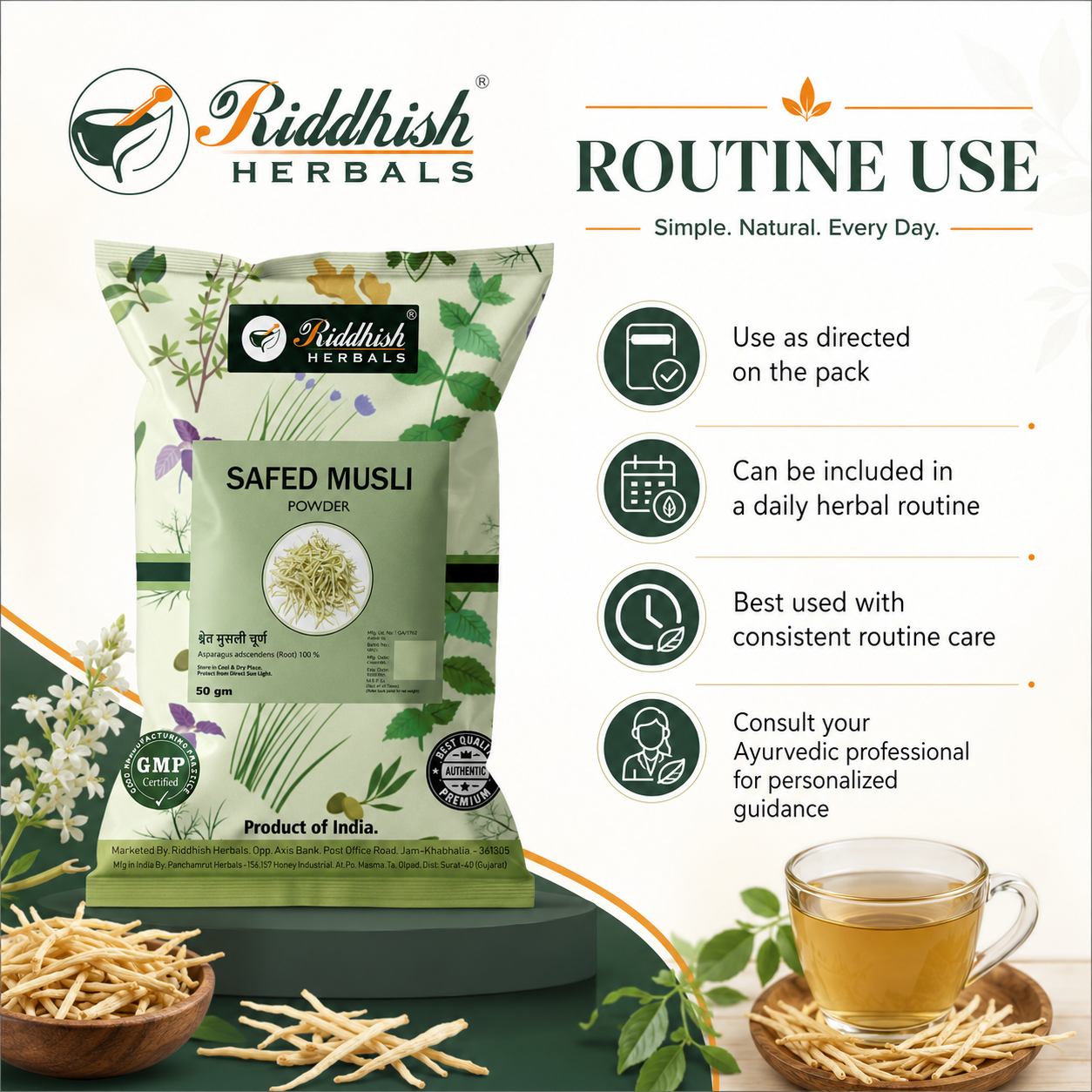 Safed Musli Powder routine use and Ayurvedic professional guidance infographic