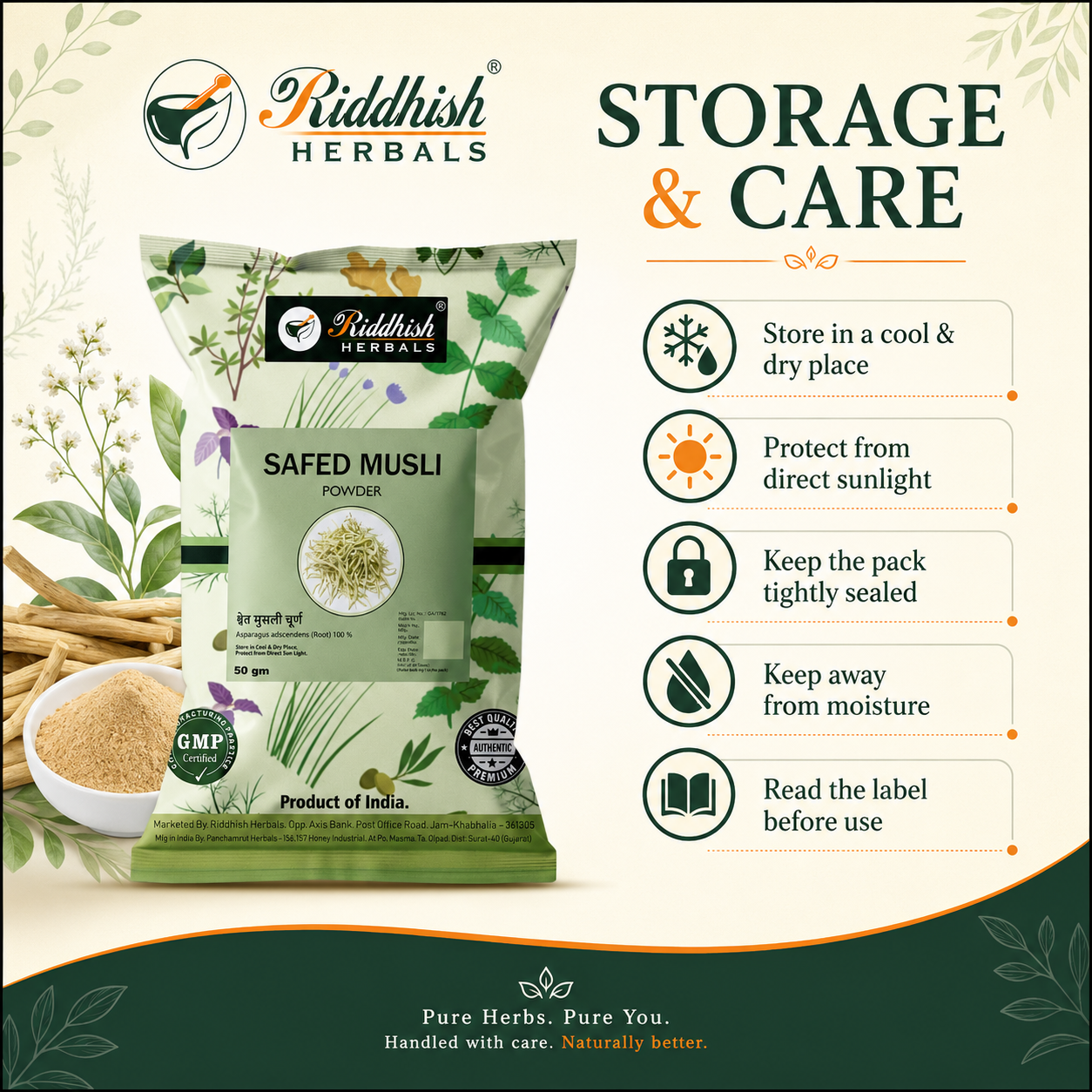 Safed Musli Powder storage and care cool dry place sunlight moisture guidance infographic