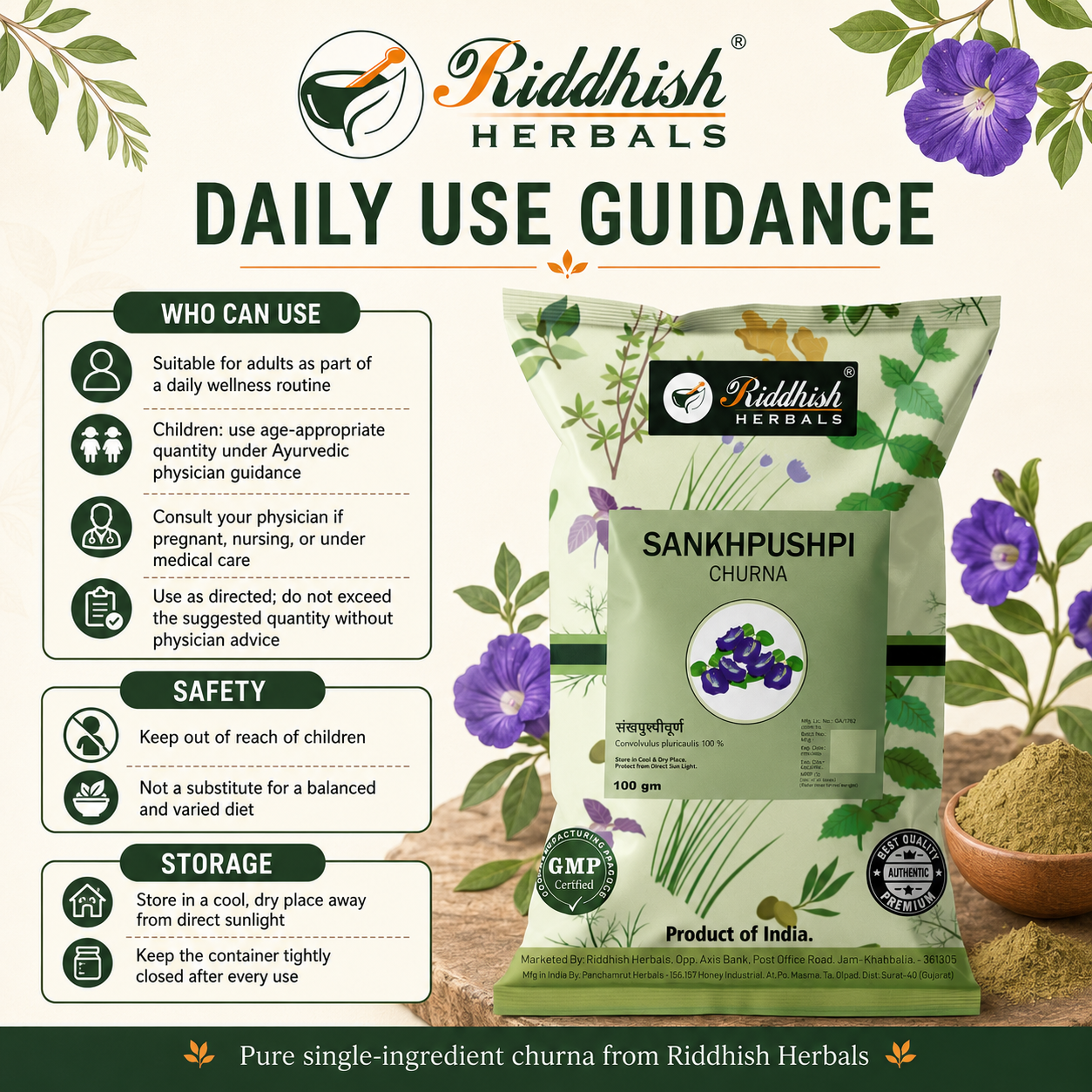 Sankhpushpi Churna daily use guidance safety storage and physician advice infographic