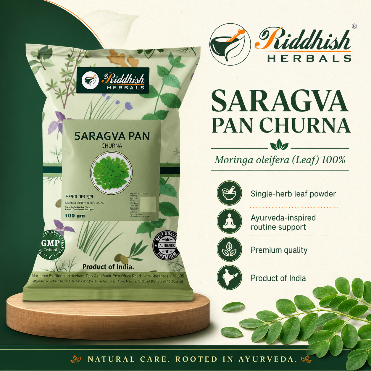 Riddhish Herbals Saragva Pan Churna 100g Moringa oleifera leaf powder hero infographic