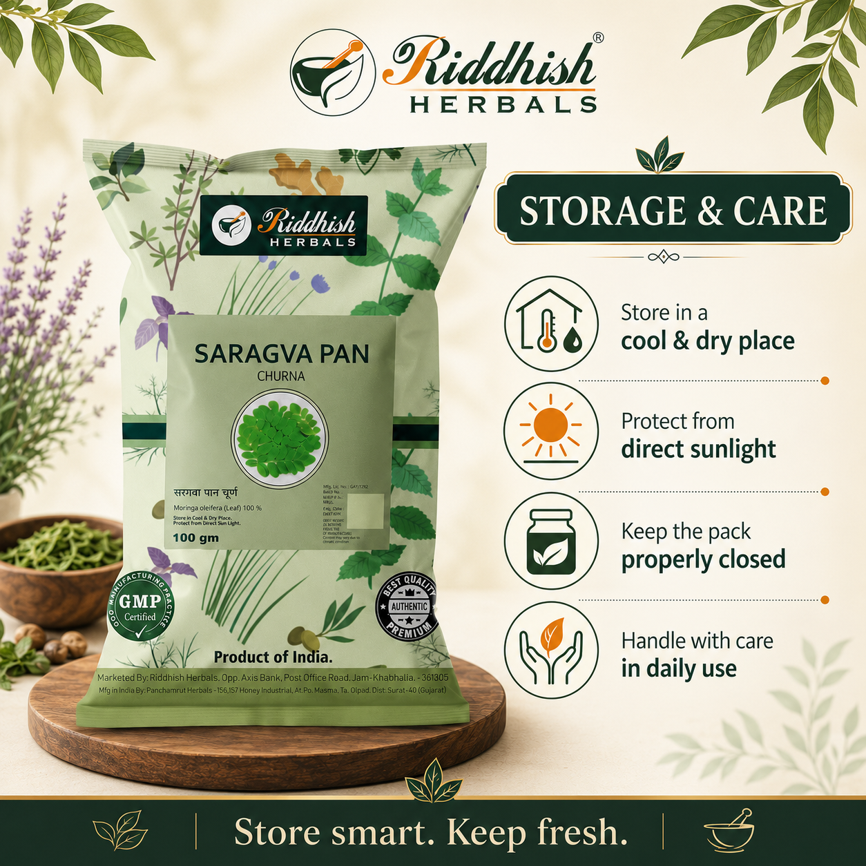 Saragva Pan Churna storage and care cool dry place sunlight and pack closure infographic