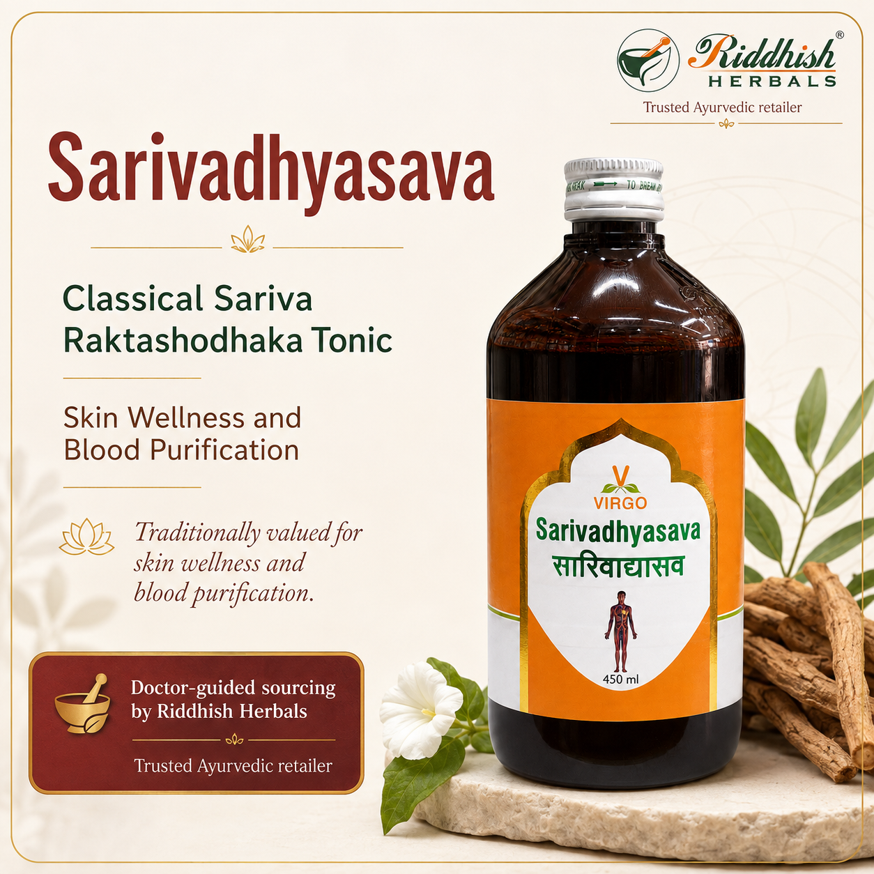 Sarivadhyasava Virgo classical Sariva Raktashodhaka tonic hero infographic by Riddhish Herbals