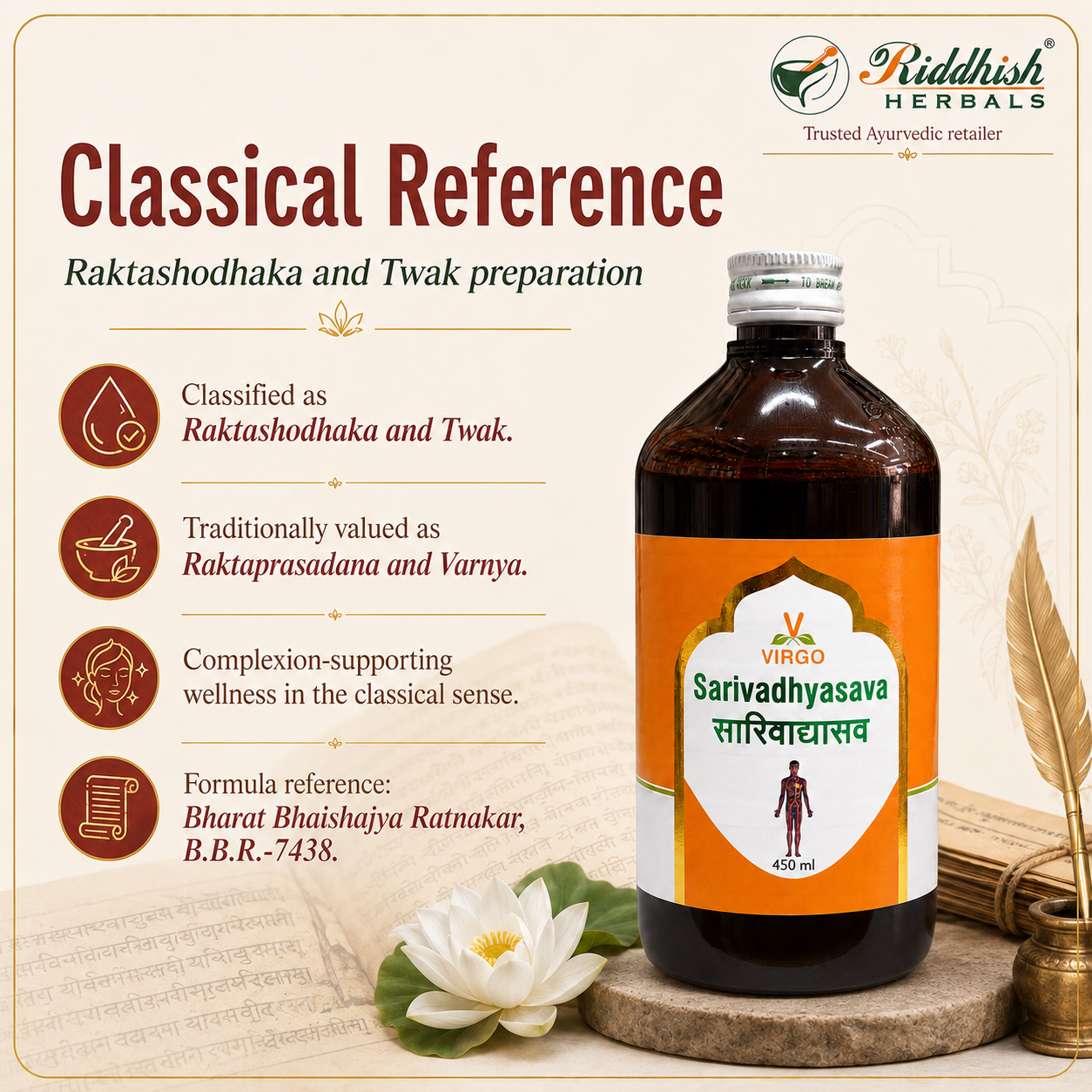 Sarivadhyasava Virgo Raktashodhaka Twak BBR 7438 classical reference infographic