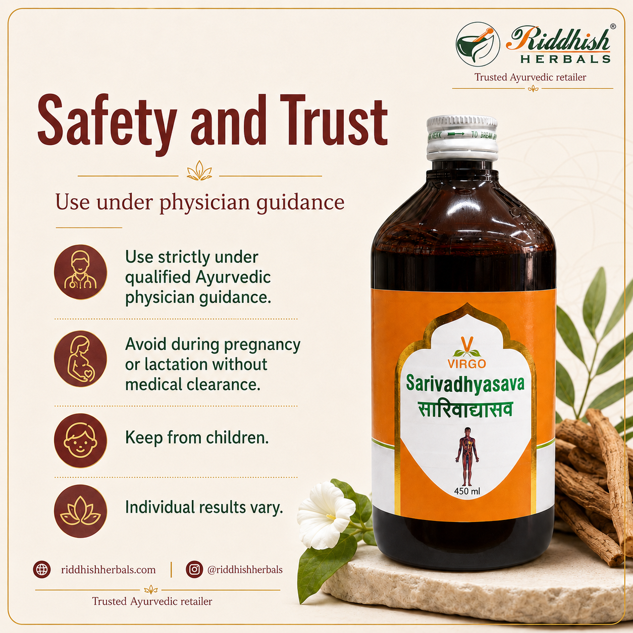 Sarivadhyasava Virgo safety and trust physician guidance infographic by Riddhish Herbals