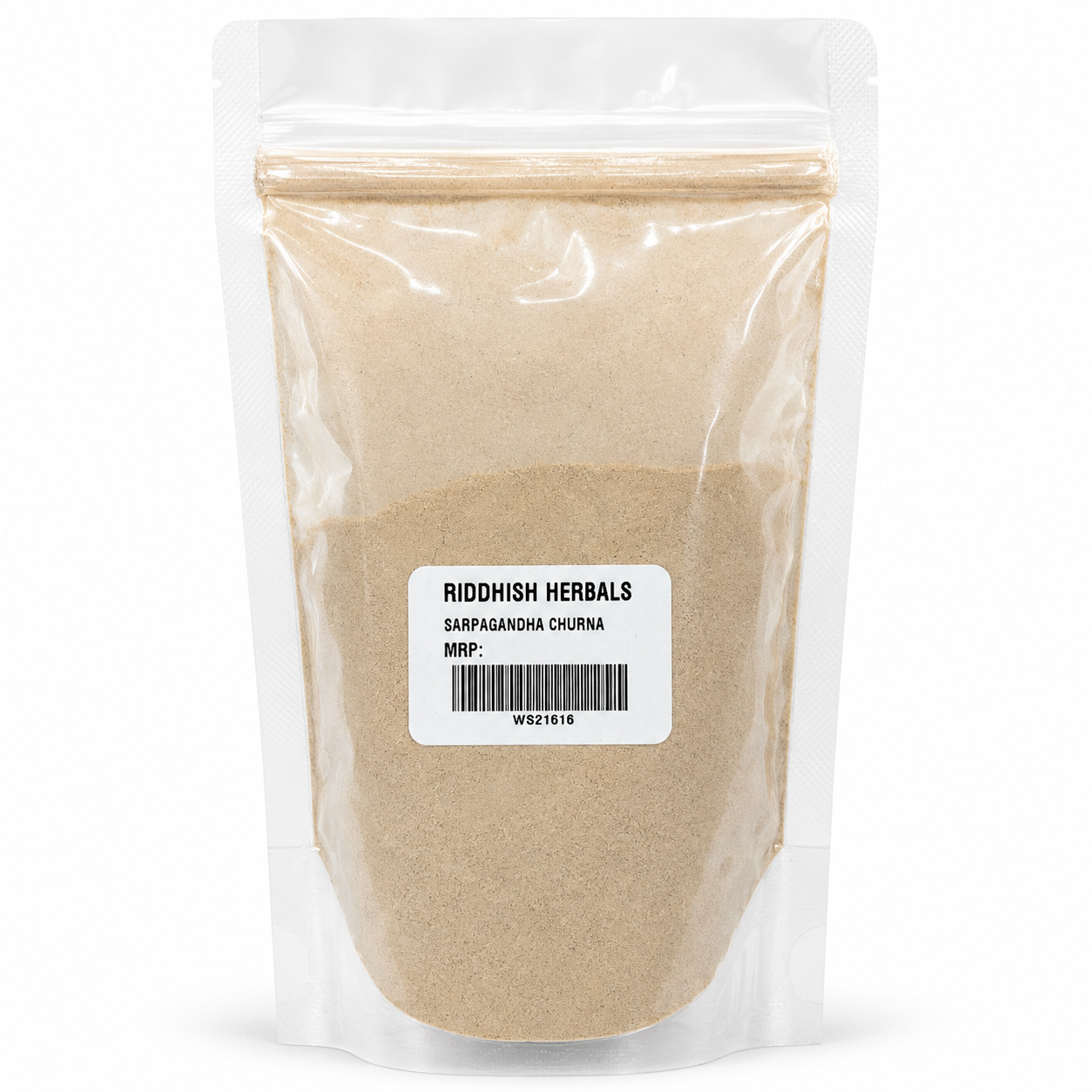 Sarpagandha Churna Riddhish Herbals front pouch mockup with MRP value removed