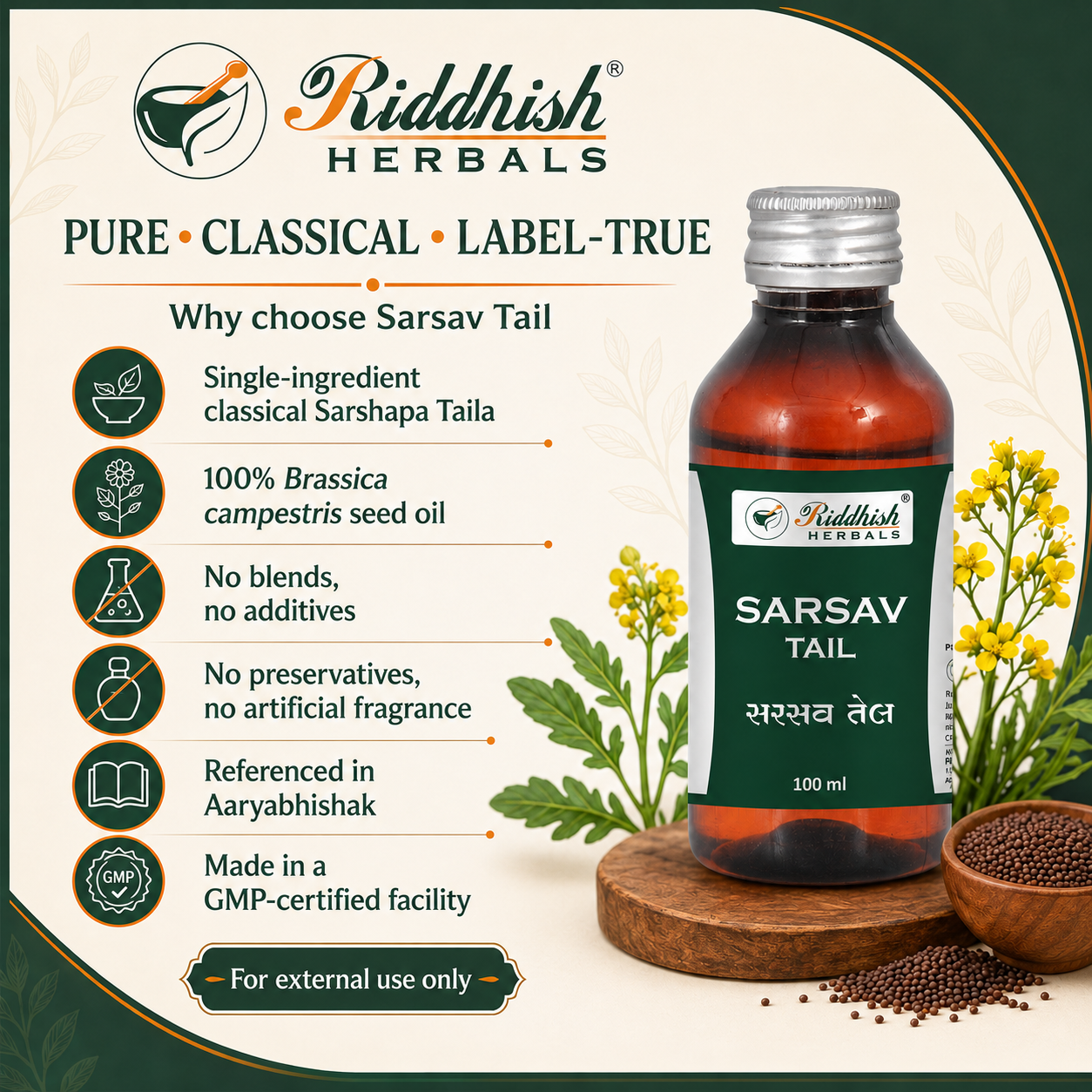 Sarsav Tail pure classical Brassica campestris mustard seed oil features infographic