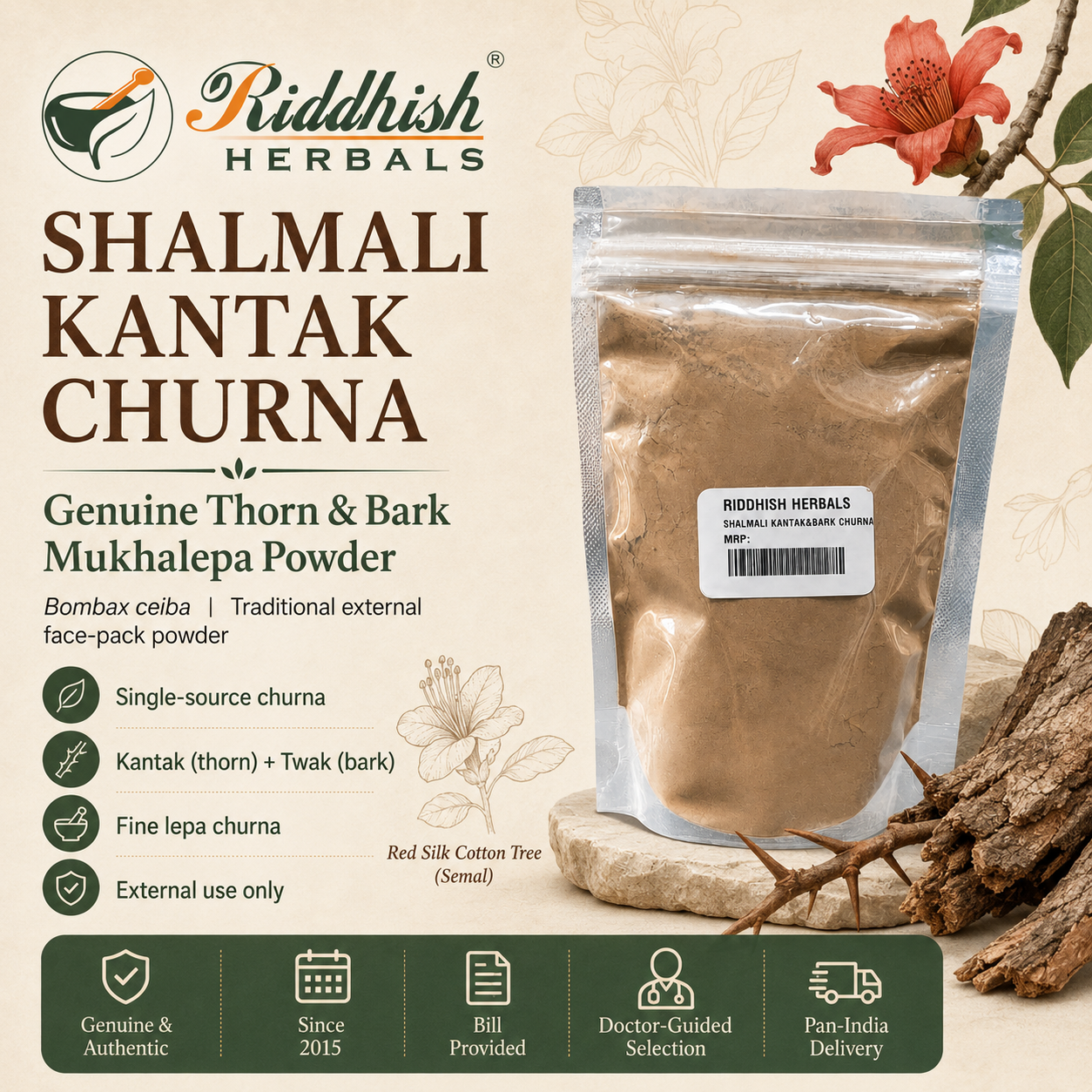 Riddhish Herbals Shalmali Kantak Churna genuine thorn and bark mukhalepa powder hero infographic