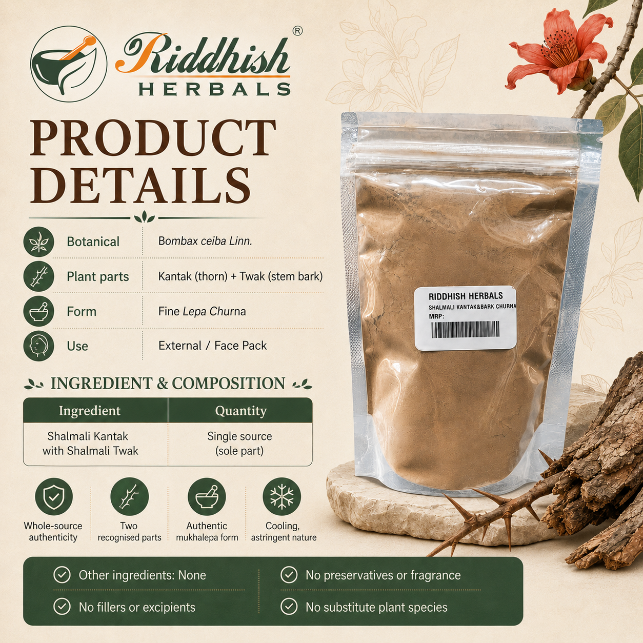 Shalmali Kantak Churna product details Bombax ceiba Kantak Twak external face pack infographic