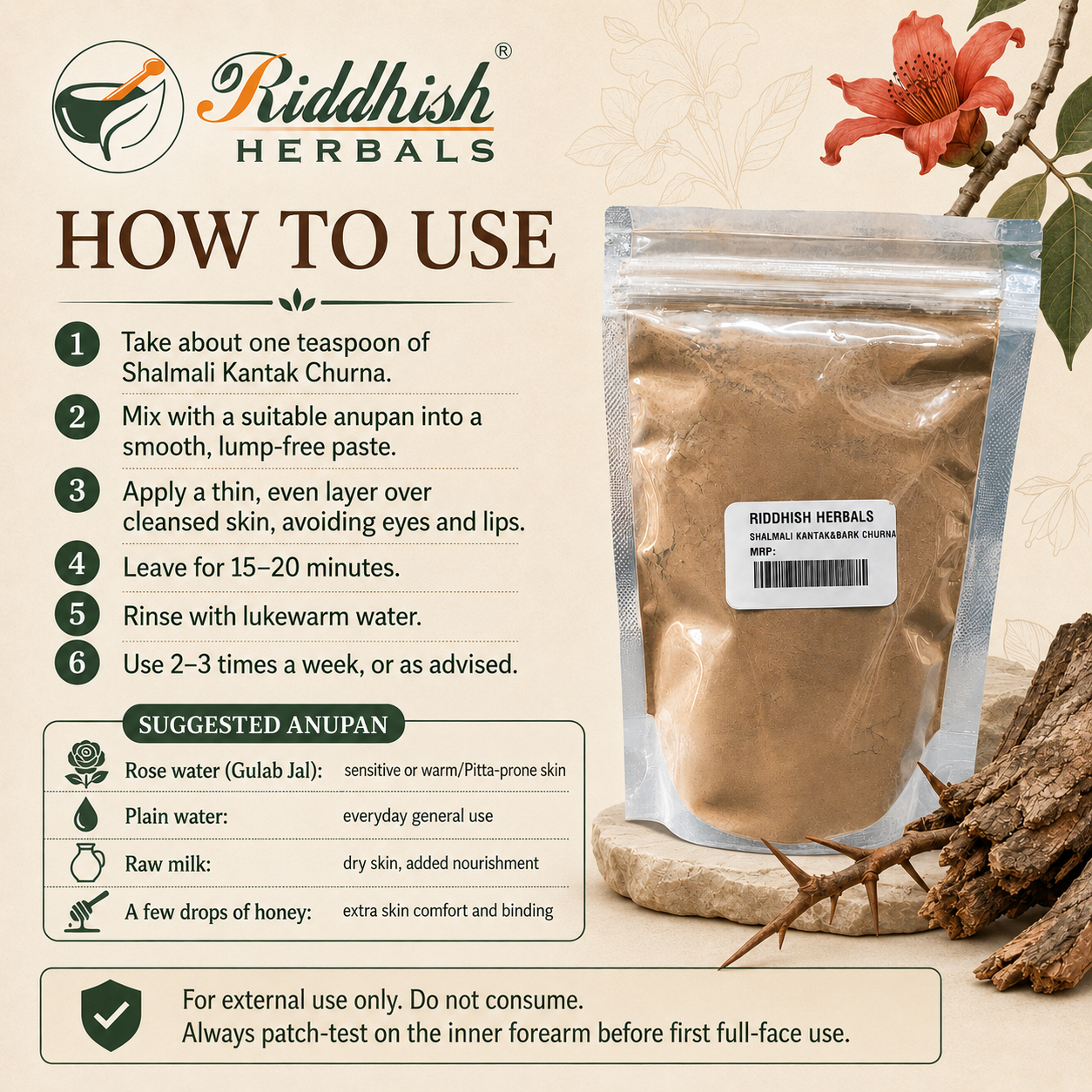 Riddhish Herbals Shalmali Kantak Churna how to use traditional mukhalepa infographic