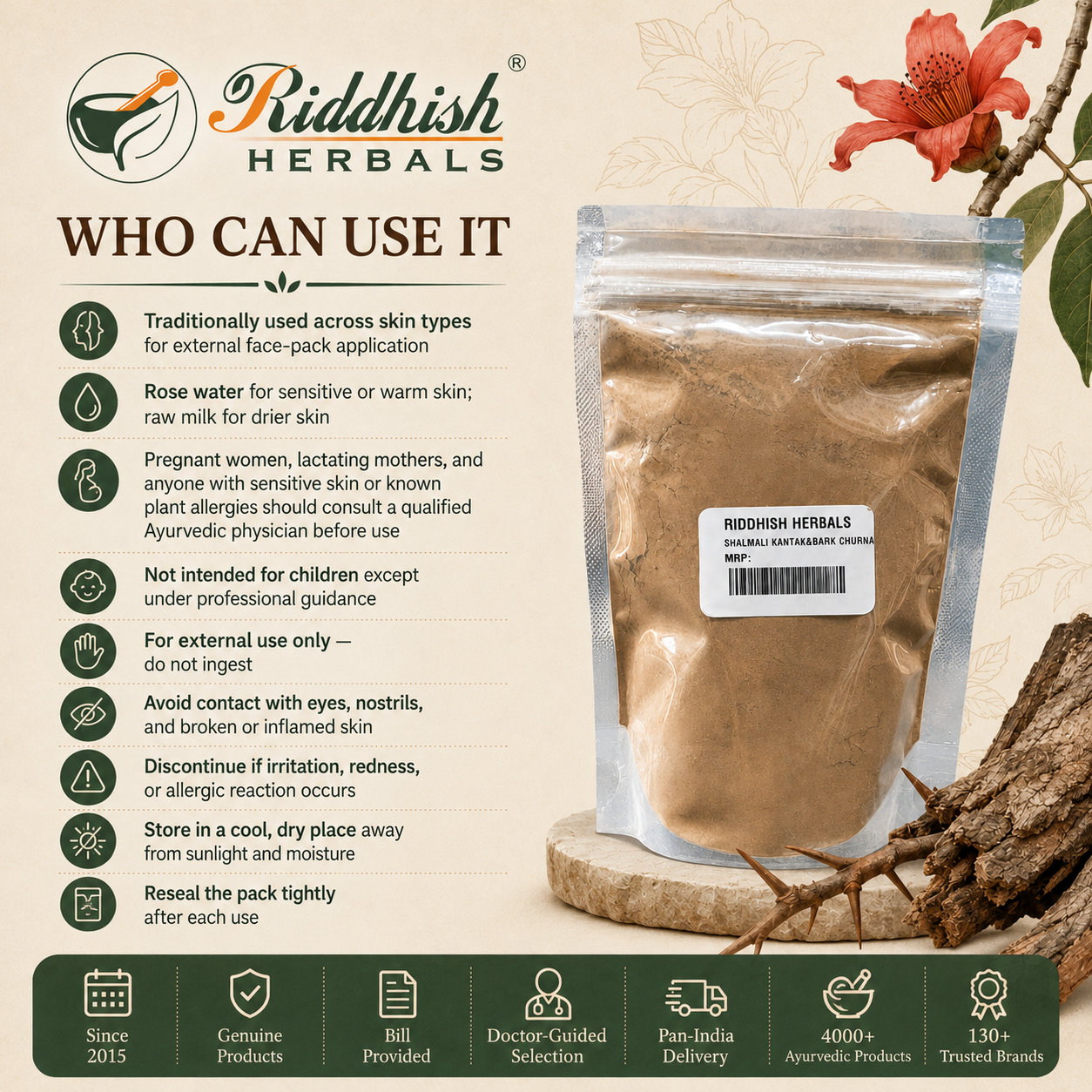 Shalmali Kantak Churna who can use it external face pack safety infographic