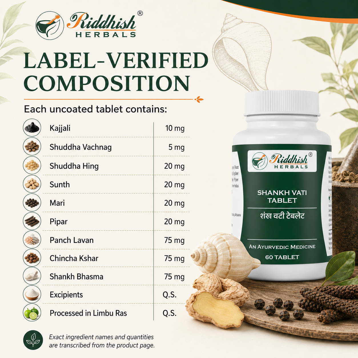 Shankh Vati label verified ingredient composition and quantities