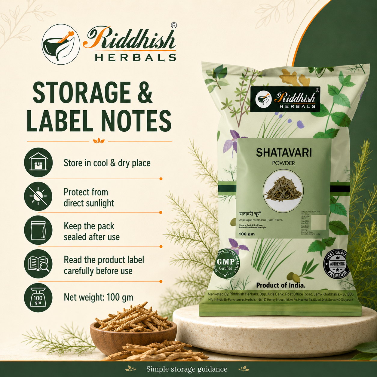 Shatavari Powder storage guidance and product label notes