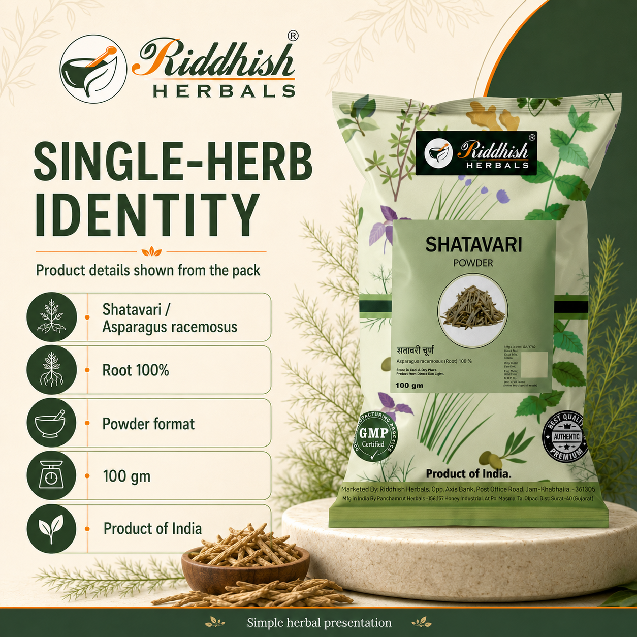 Shatavari Powder single-herb identity Asparagus racemosus root 100 percent