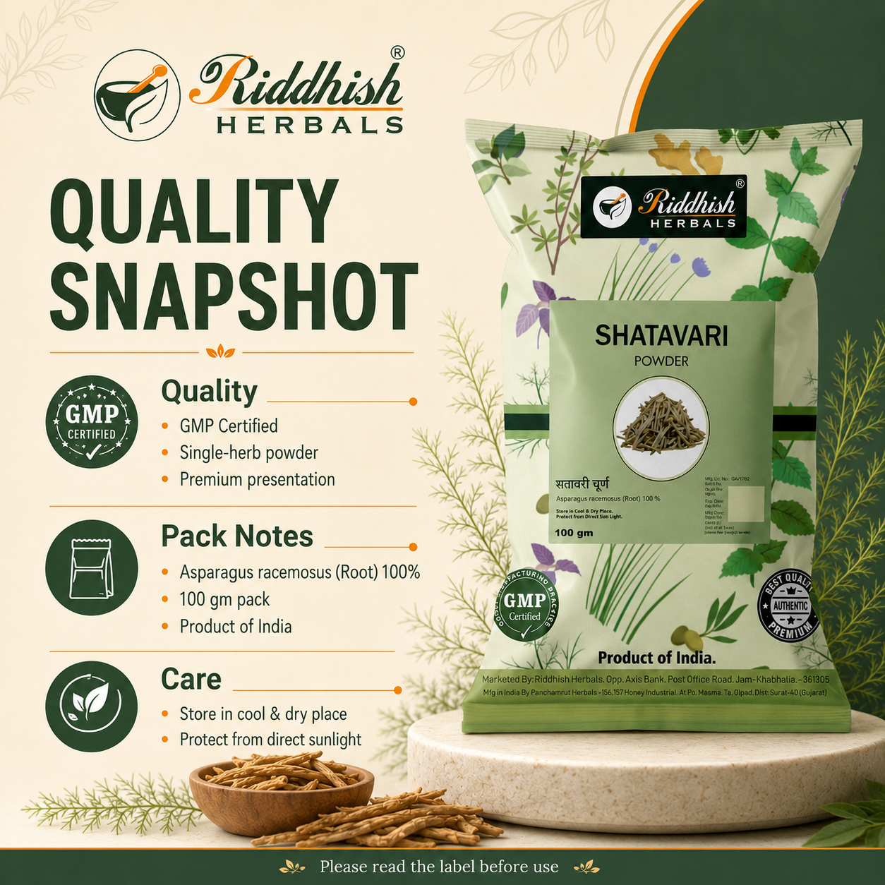 Shatavari Powder quality snapshot GMP certified 100 g product of India