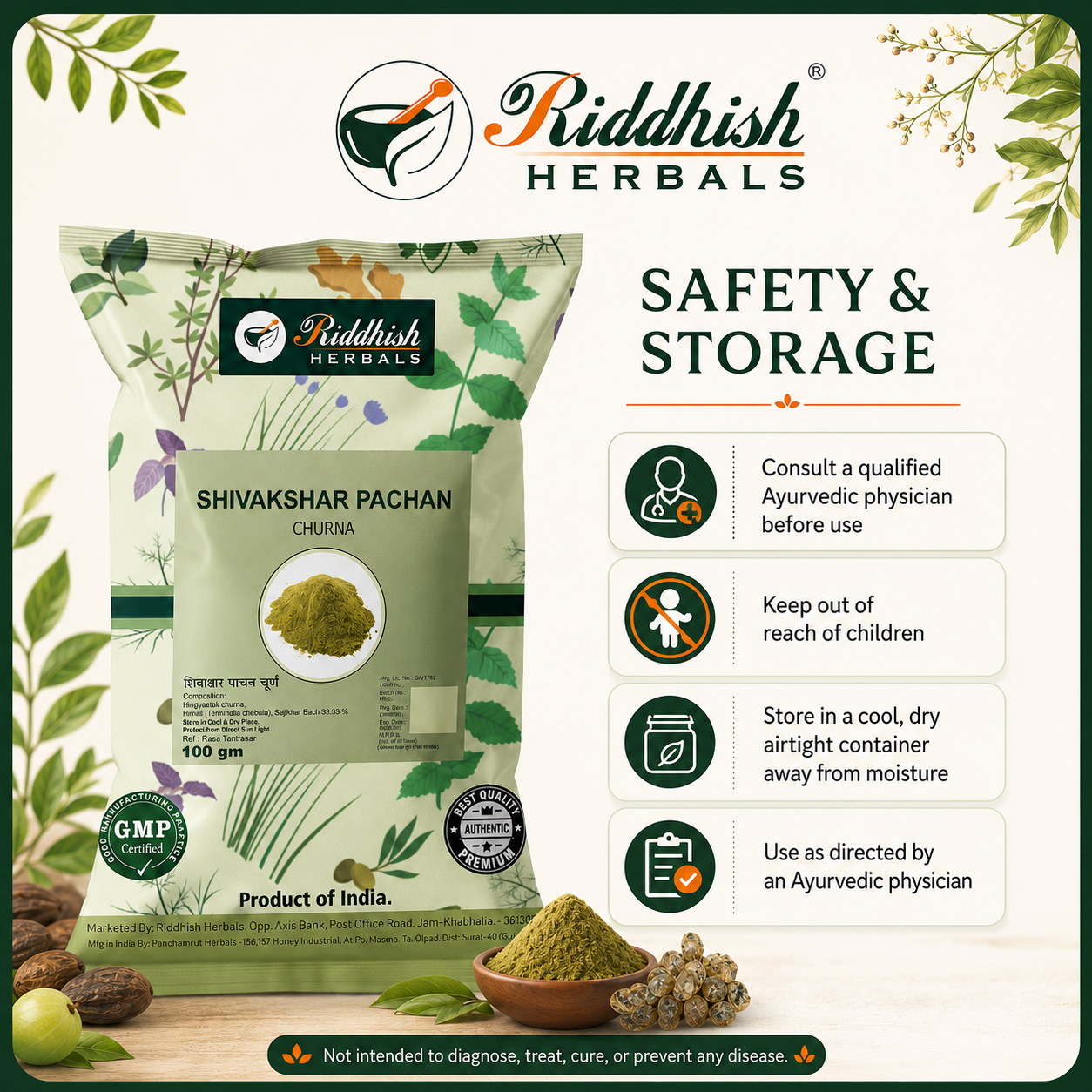 Shivakshar Pachan Churna safety and storage guidance for cool dry airtight storage and physician-directed use
