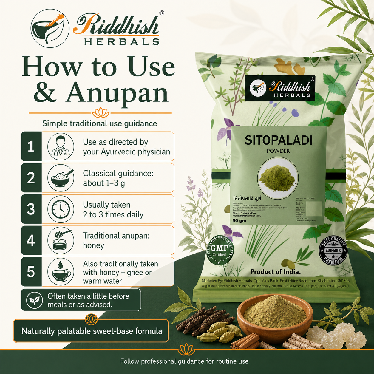 How to use Sitopaladi Churna with honey honey and ghee or warm water under Ayurvedic physician guidance