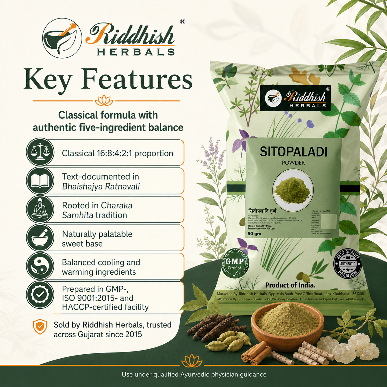 Sitopaladi Churna key features classical 16 8 4 2 1 ratio and five ingredient balance infographic