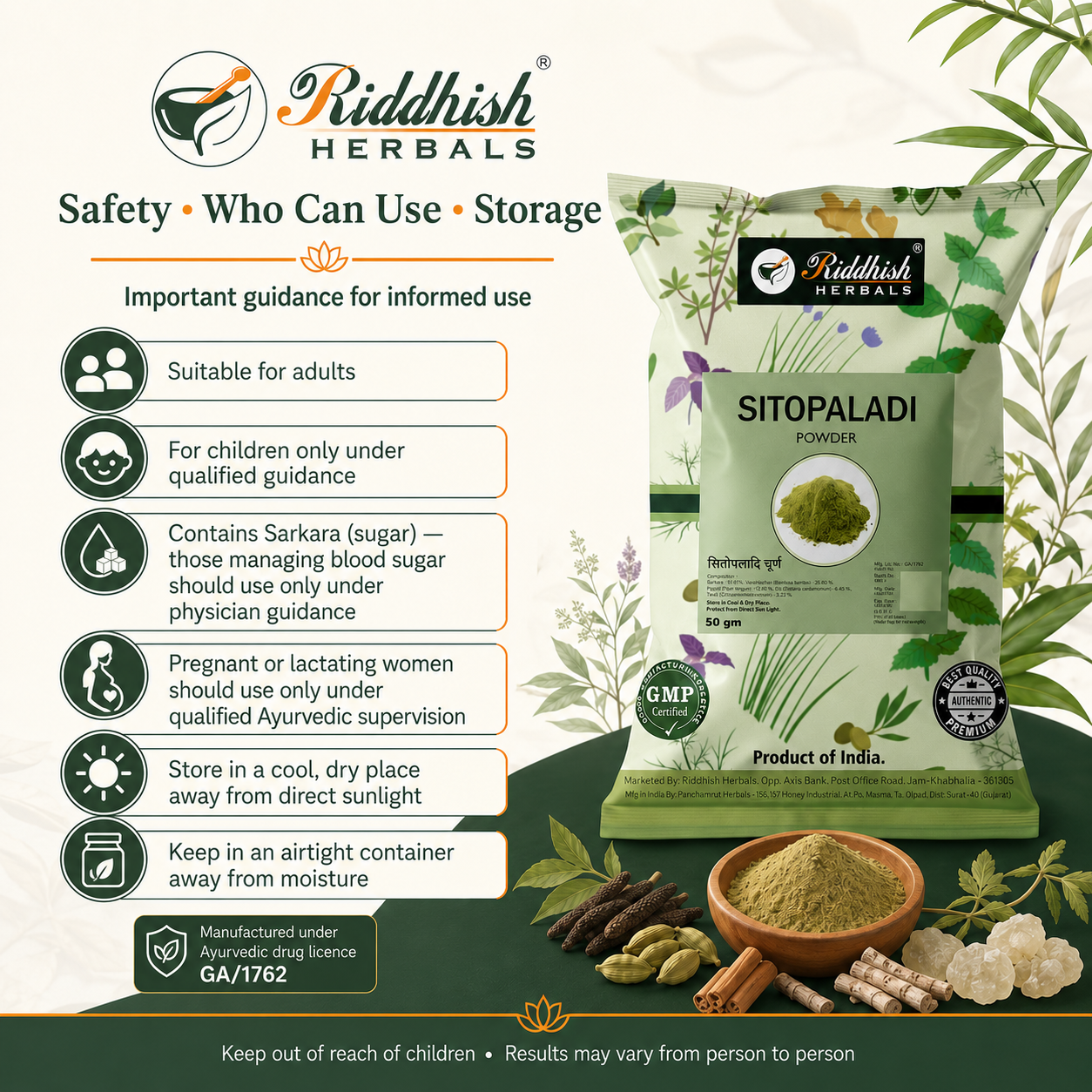 Sitopaladi Churna safety who can use and storage guidance including sugar content and airtight storage