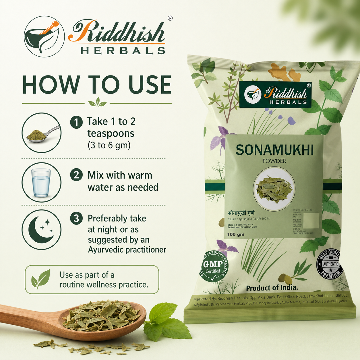 How to use Riddhish Herbals Sonamukhi Powder with warm water infographic