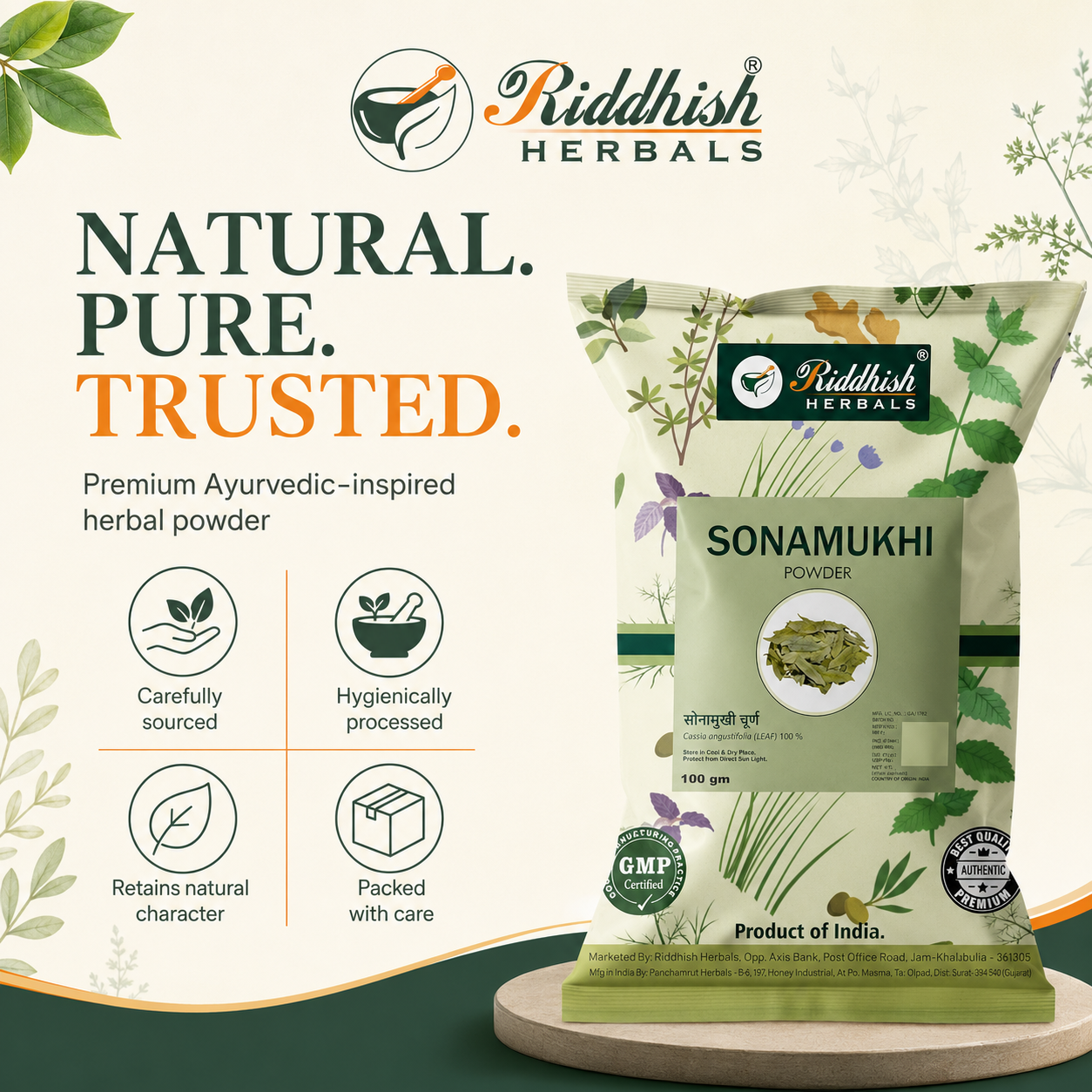 Riddhish Herbals Sonamukhi Powder natural pure trusted quality infographic