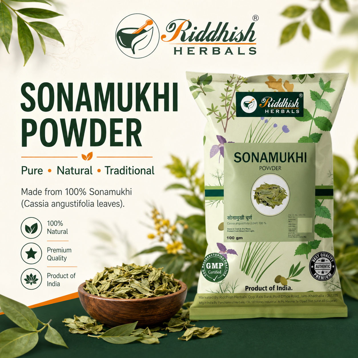 Riddhish Herbals Sonamukhi Powder 100g pure natural traditional Ayurvedic infographic