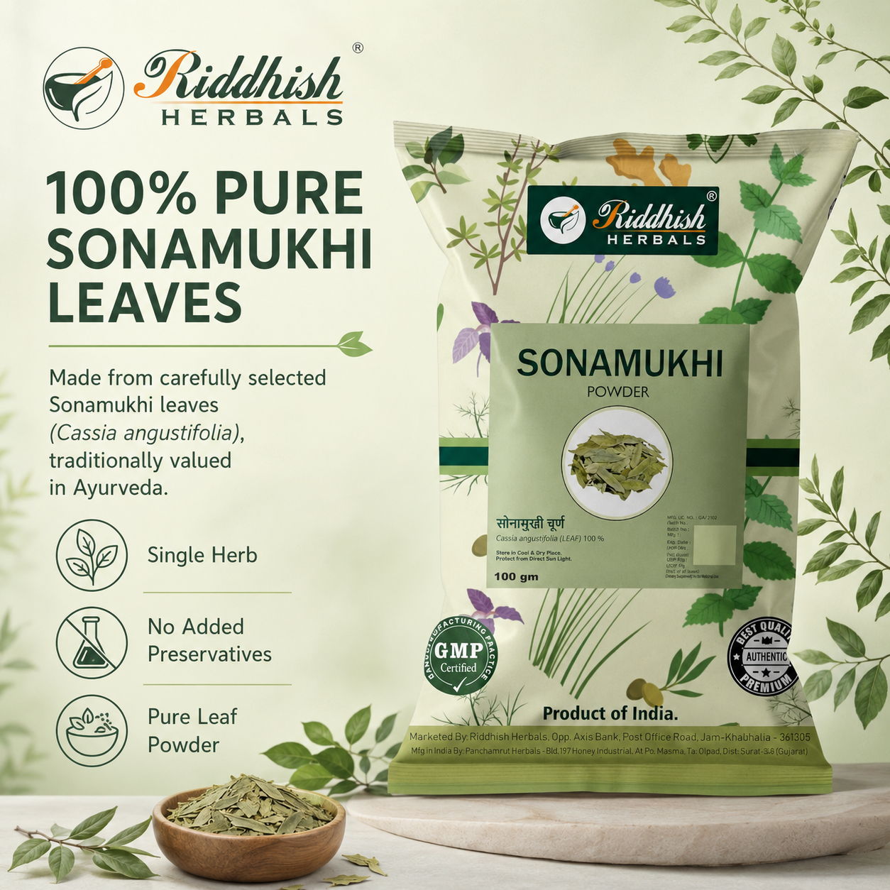 Riddhish Herbals 100 percent pure Sonamukhi Senna leaf powder infographic