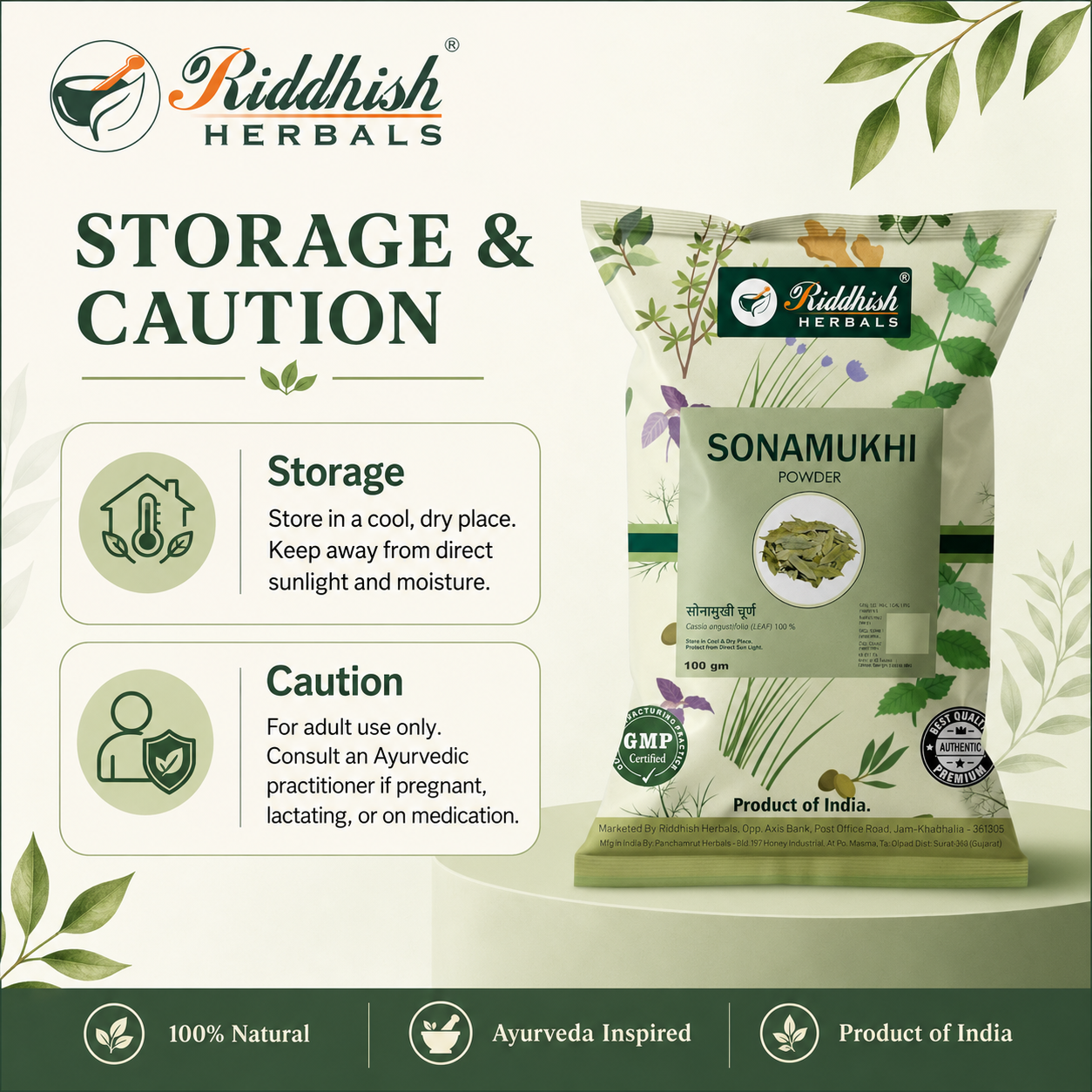 Riddhish Herbals Sonamukhi Powder storage and caution infographic