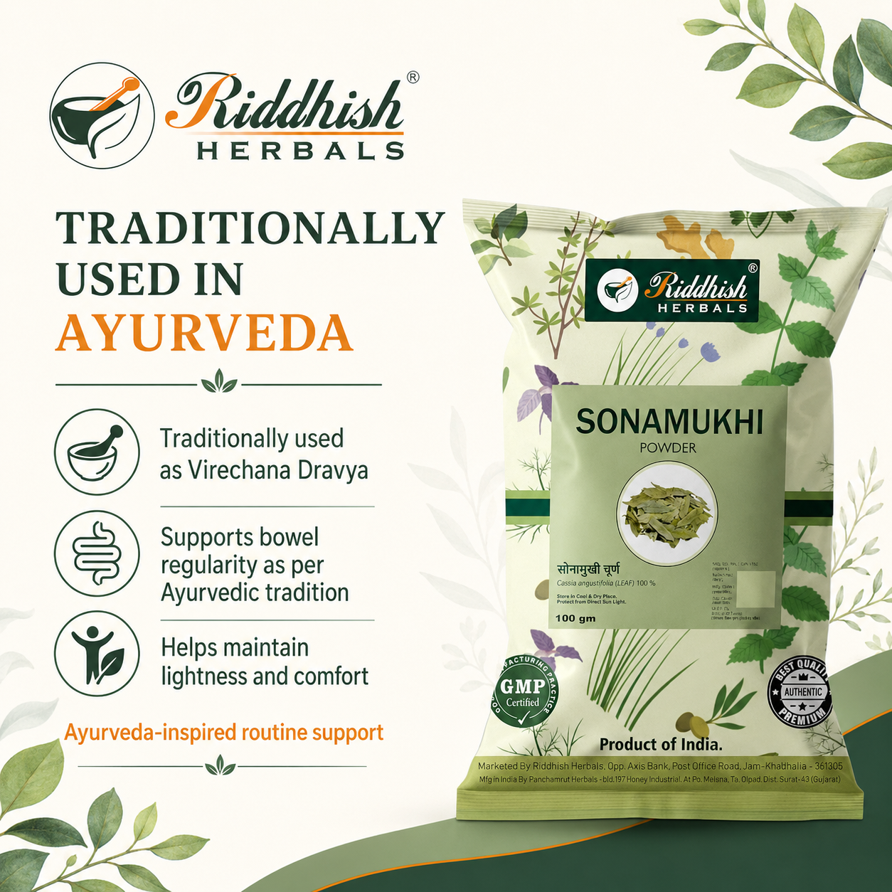 Sonamukhi Powder traditionally used in Ayurveda infographic by Riddhish Herbals