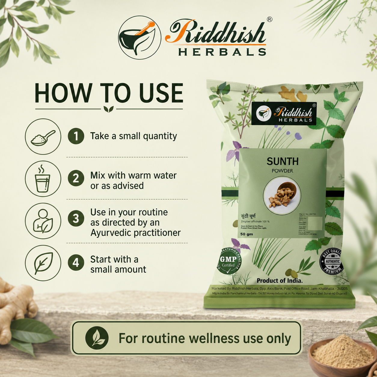 How to use Riddhish Herbals Sunth dry ginger powder with warm water infographic