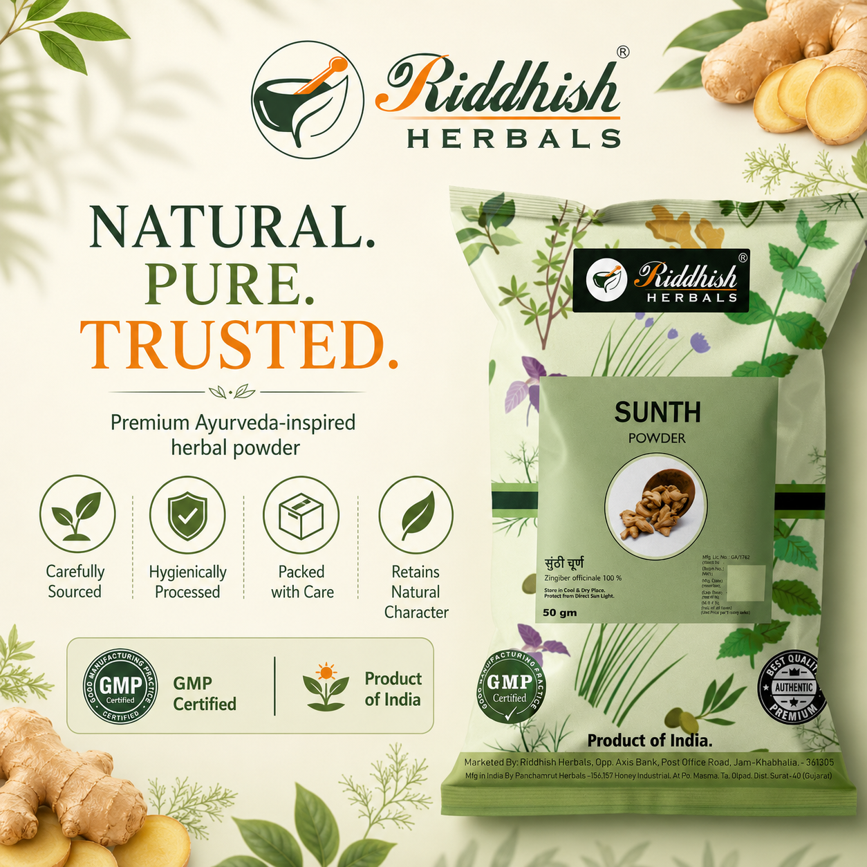 Riddhish Herbals Sunth Powder natural pure trusted Ayurvedic quality infographic